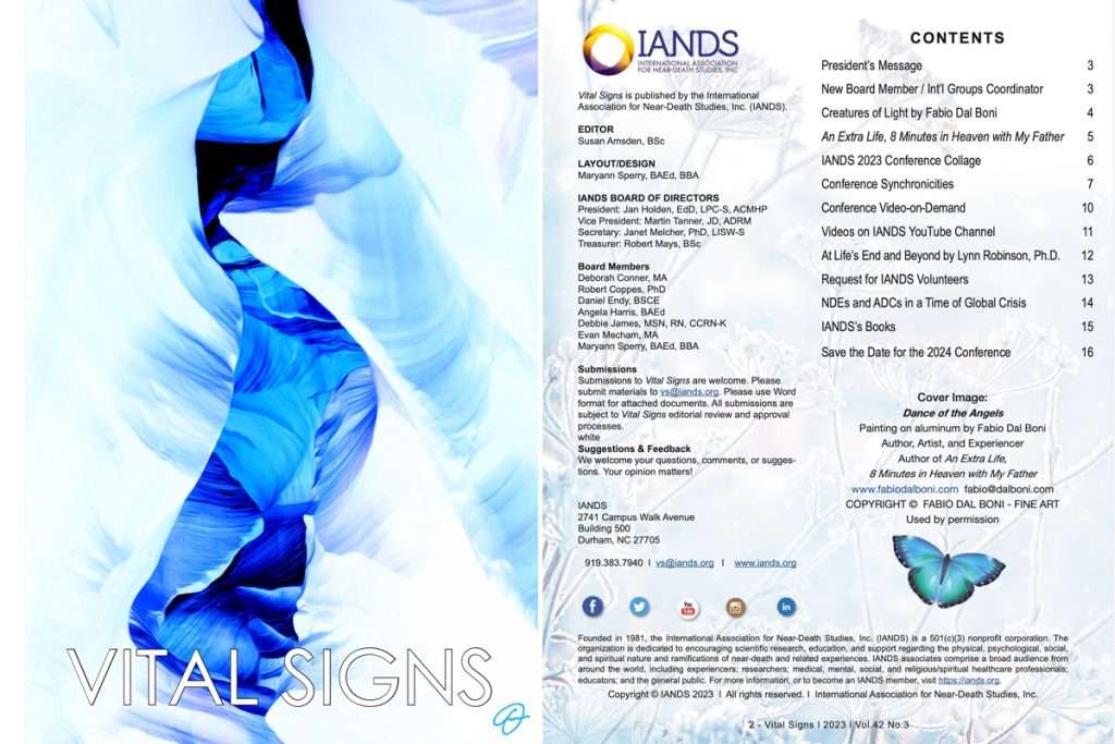 Cover of Vital Signs magazine featuring “Dance of the Angels,” a luminous blue and white painting on aluminum by artist Fabio Dal Boni, published by the International Association for Near-Death Studies.